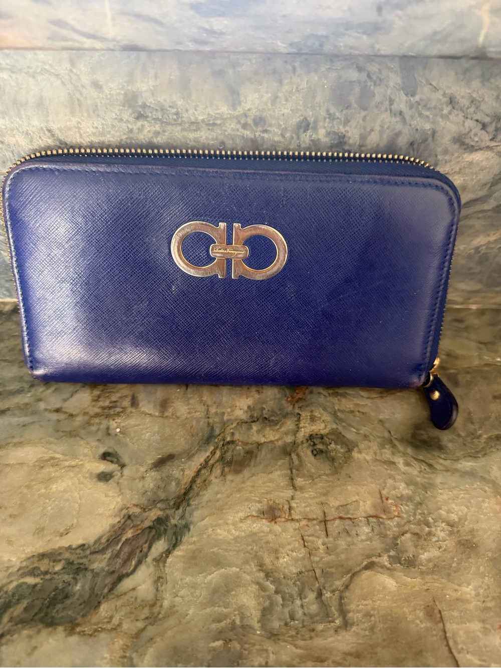 Salvatore Ferragamo Cobalt Blue Leather Zip Wallet with Gancini Logo